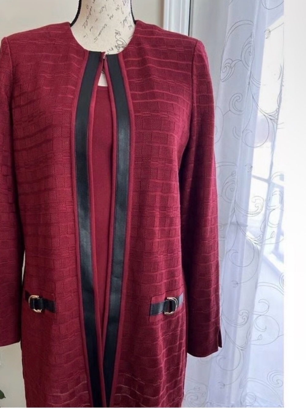 Misook Burgundy Long Open-Front Jacket with Black Trim